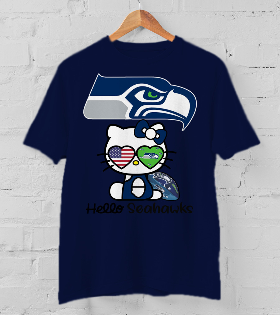Seattle Seahawks Hello Kitty With Heart Eyes American Flag T-Shirt