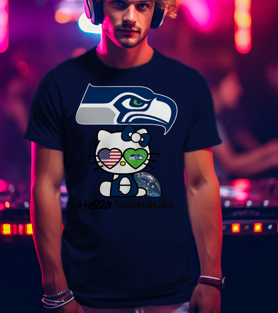 Seattle Seahawks Hello Kitty With Heart Eyes American Flag T-Shirt