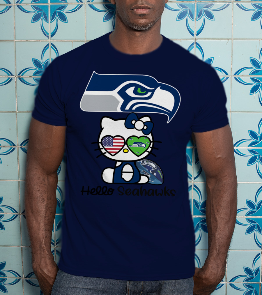 Seattle Seahawks Hello Kitty With Heart Eyes American Flag T-Shirt