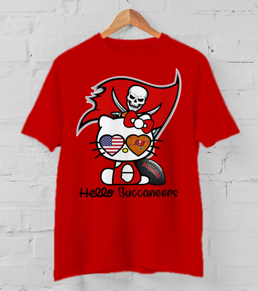 Hello Buccaneers Tampa Bay Buccaneers Football Skull Flag Kitty T-Shirt