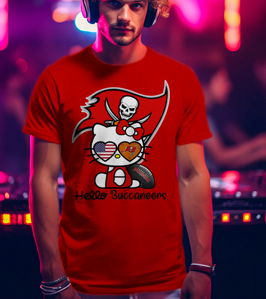 Hello Buccaneers Tampa Bay Buccaneers Football Skull Flag Kitty T-Shirt
