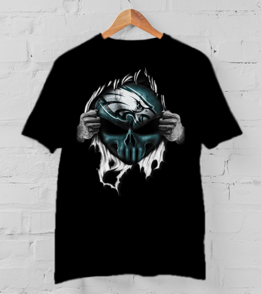 Philadelphia Eagles Skull Logo Face Ripped T-Shirt
