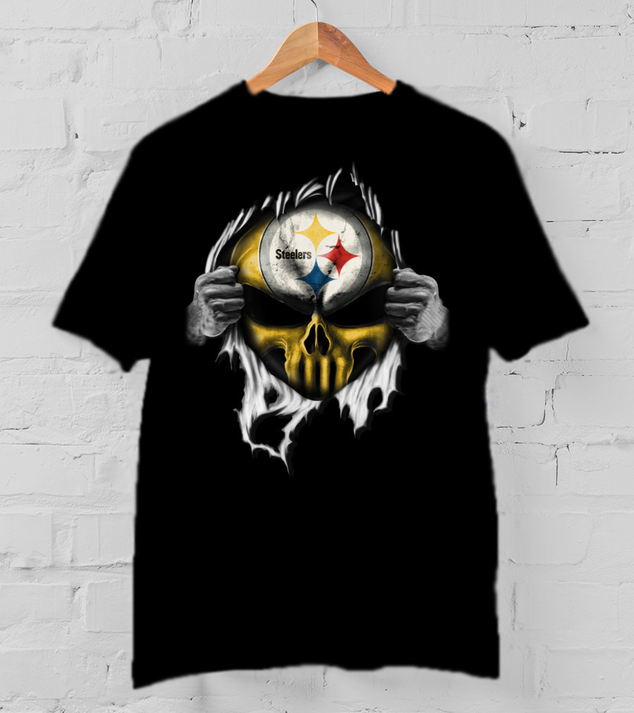 Steelers Skull With Logo And Ripped Effect T-Shirt