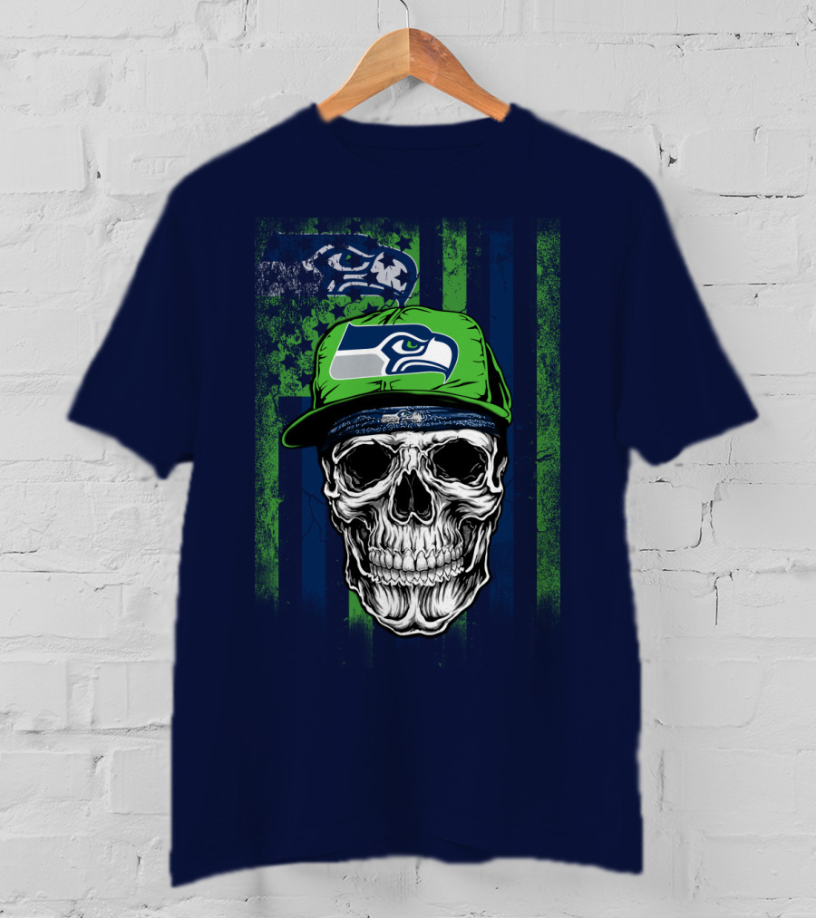 Seattle Seahawks Skull Cap Logo Grunge Style T-Shirt