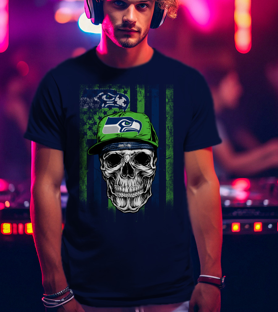 Seattle Seahawks Skull Cap Logo Grunge Style T-Shirt