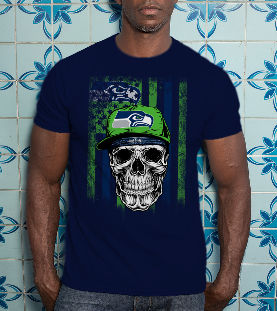 Seattle Seahawks Skull Cap Logo Grunge Style T-Shirt