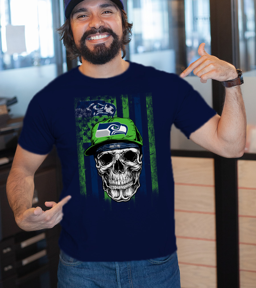 Seattle Seahawks Skull Cap Logo Grunge Style T-Shirt