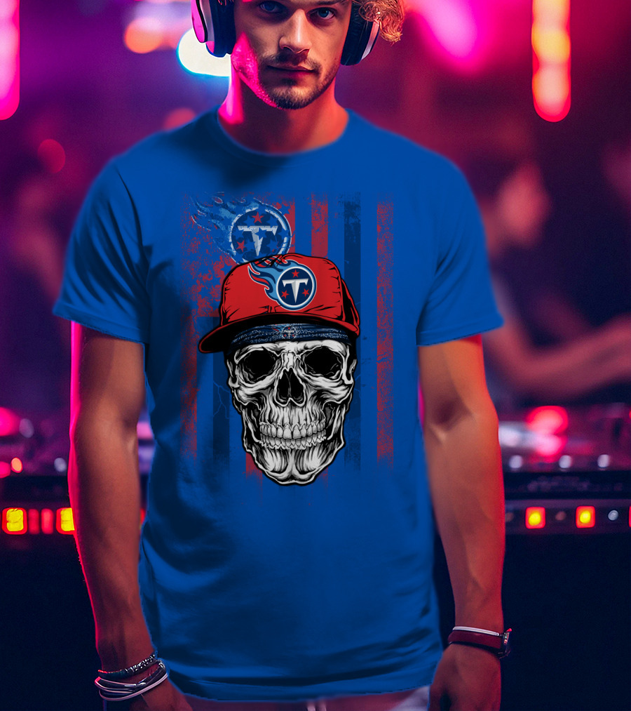 Tennessee Titans Skull With Cap Logo And Stripes T-Shirt