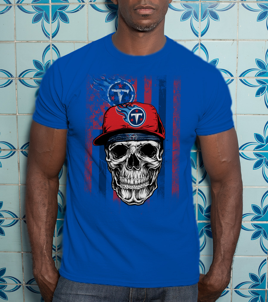 Tennessee Titans Skull With Cap Logo And Stripes T-Shirt