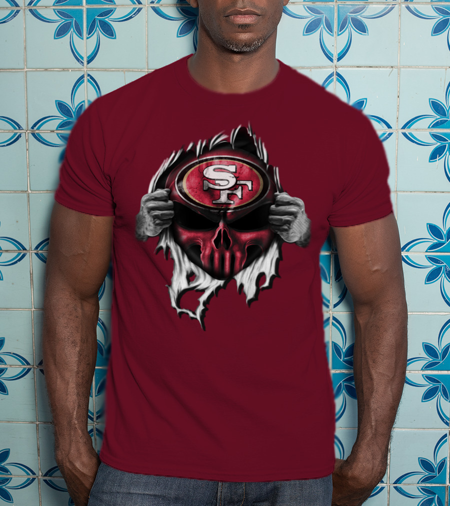 San Francisco 49ers Skull Sf Emblem Red Torn T-Shirt