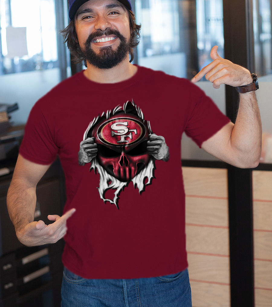 San Francisco 49ers Skull Sf Emblem Red Torn T-Shirt