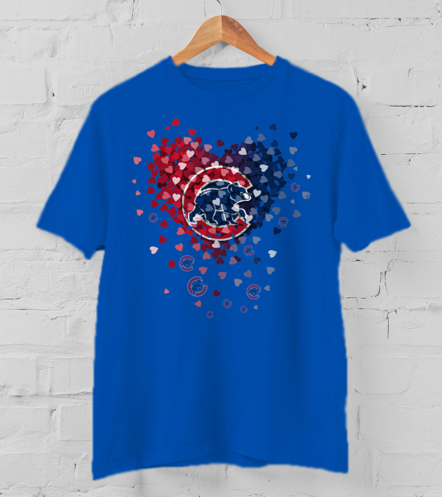 Chicago Cubs Heart Pattern With Bear Logo And Hearts In Red White And Blue T-Shirt