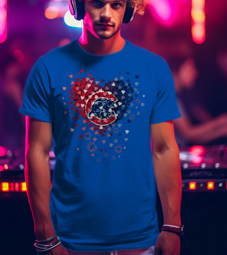Chicago Cubs Heart Pattern With Bear Logo And Hearts In Red White And Blue T-Shirt