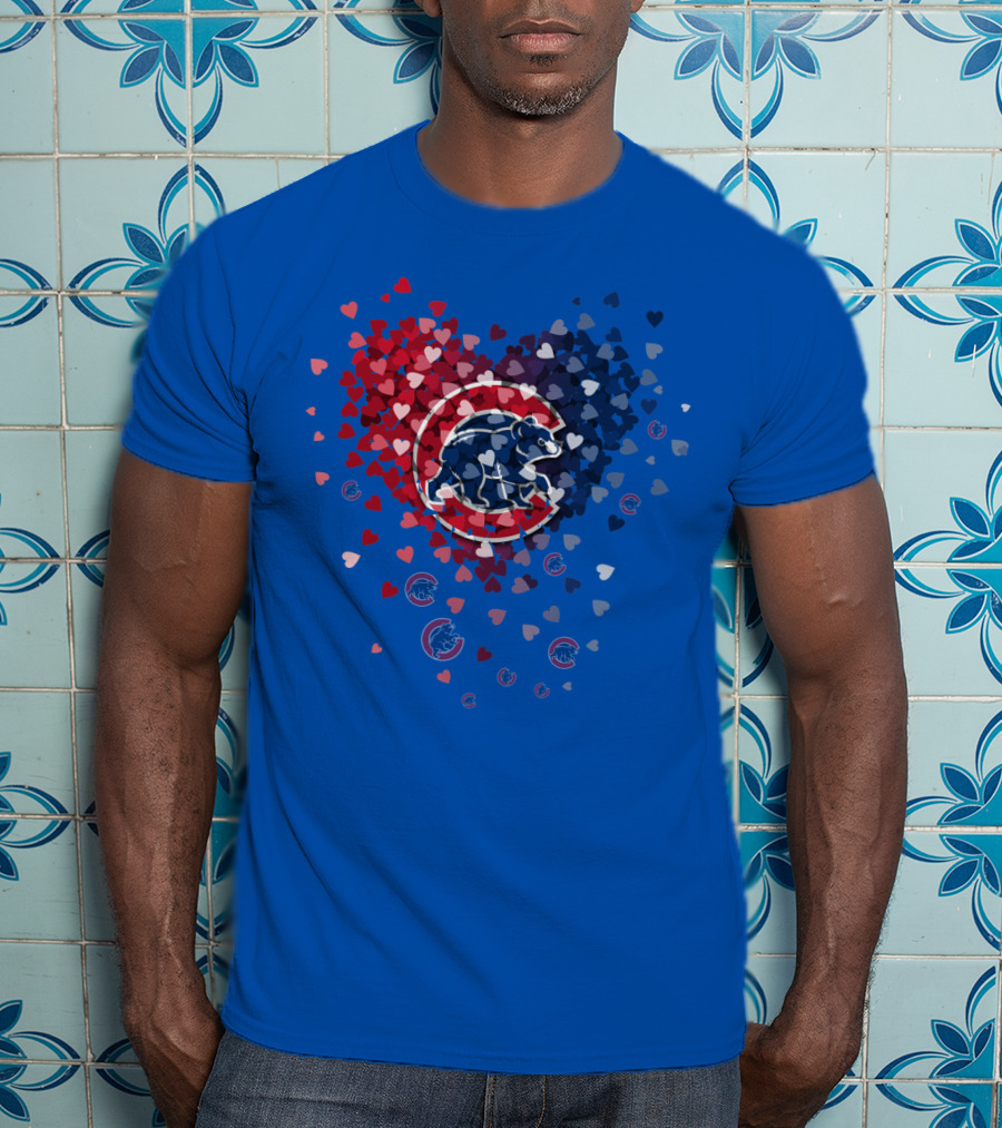 Chicago Cubs Heart Pattern With Bear Logo And Hearts In Red White And Blue T-Shirt