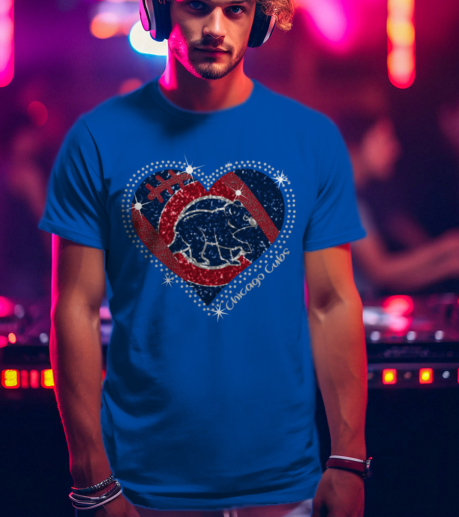 Chicago Cubs Heart Sparkle Football Bear T-Shirt