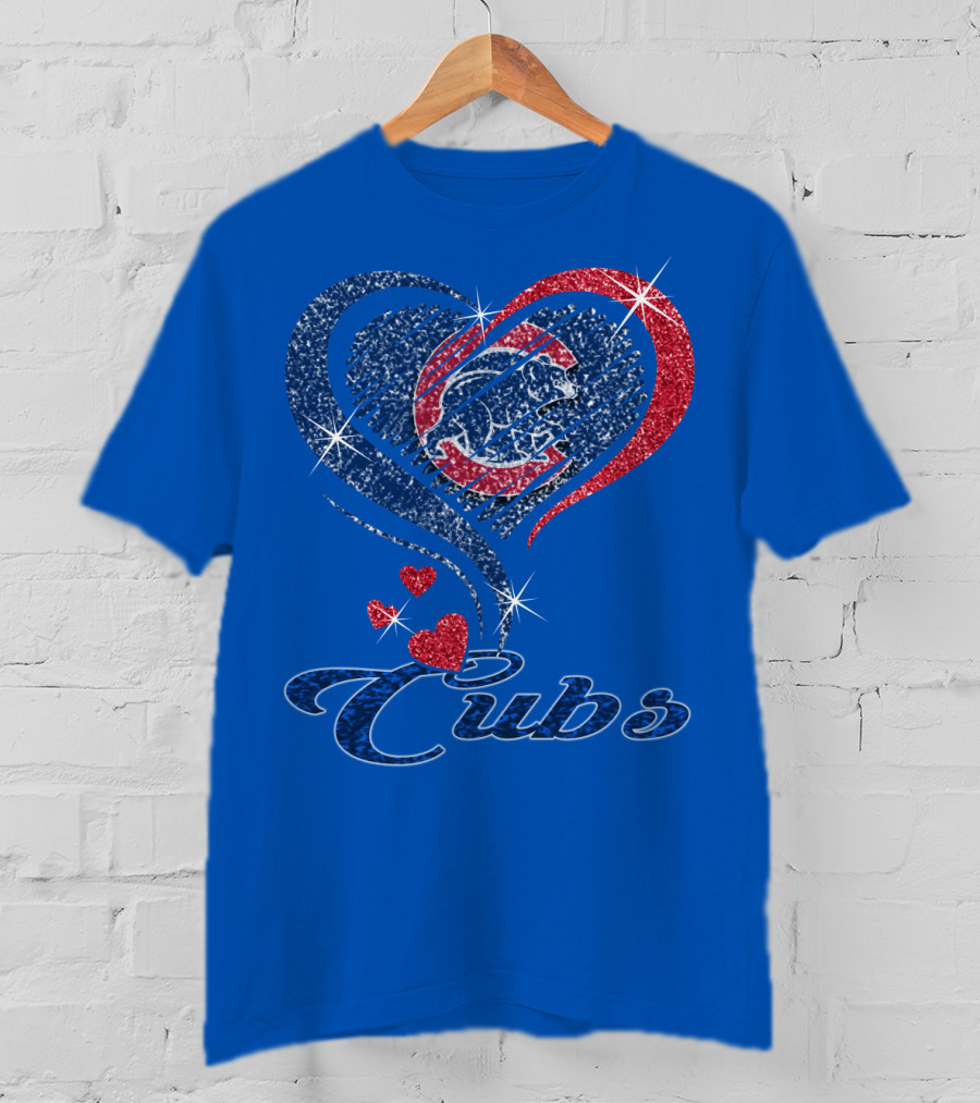 Cubs Sparkling Heart With Chicago Cubs Bear T-Shirt