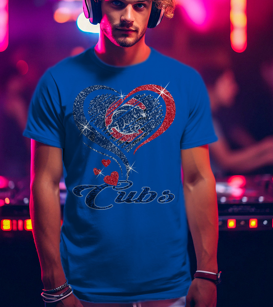 Cubs Sparkling Heart With Chicago Cubs Bear T-Shirt