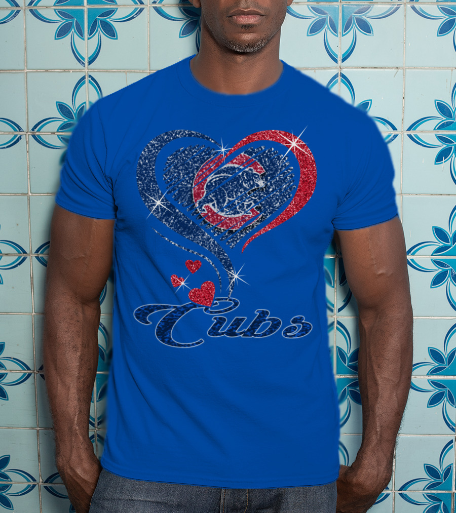 Cubs Sparkling Heart With Chicago Cubs Bear T-Shirt