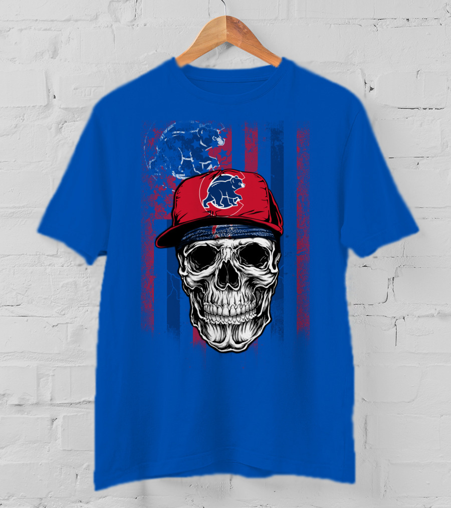 Chicago Cubs Skull With Bear And Cap On Blue T-Shirt