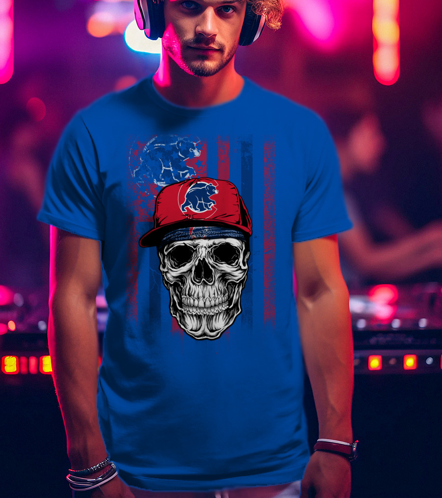 Chicago Cubs Skull With Bear And Cap On Blue T-Shirt