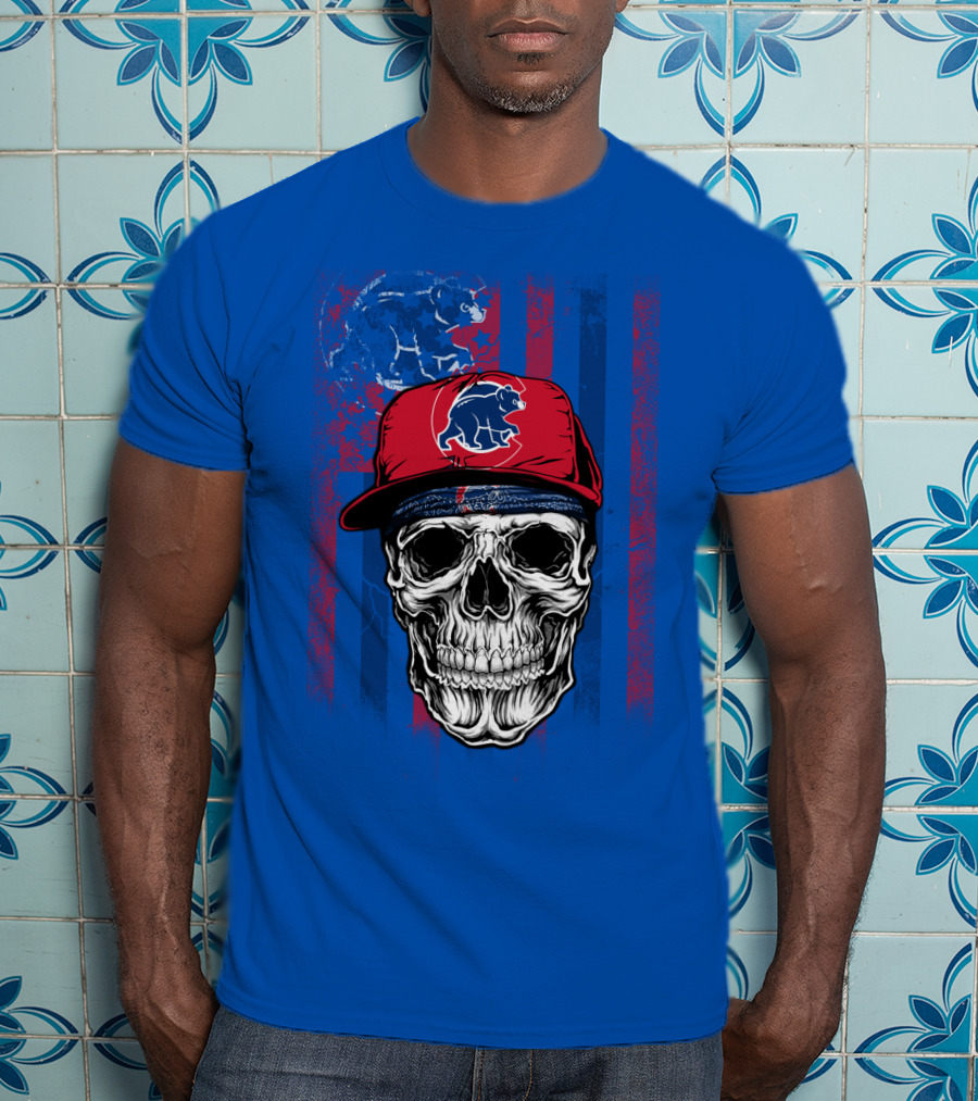 Chicago Cubs Skull With Bear And Cap On Blue T-Shirt