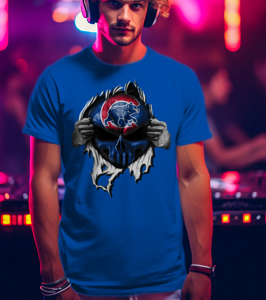 Chicago Cubs Skull Logo With Bear And Red Circle On Blue T-Shirt