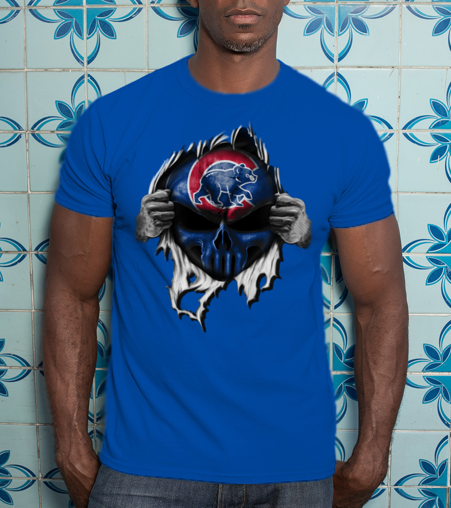 Chicago Cubs Skull Logo With Bear And Red Circle On Blue T-Shirt