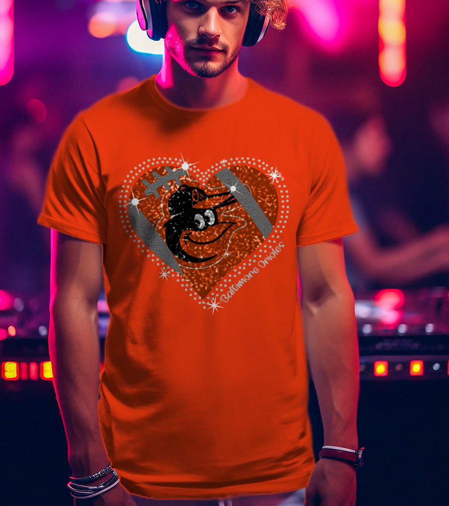 Baltimore Orioles Sparkling Heart And Baseball T-Shirt