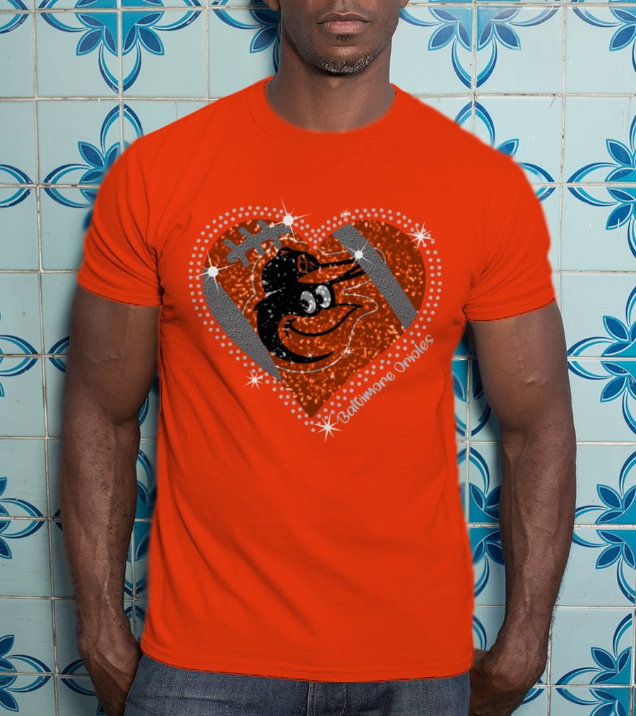 Baltimore Orioles Sparkling Heart And Baseball T-Shirt