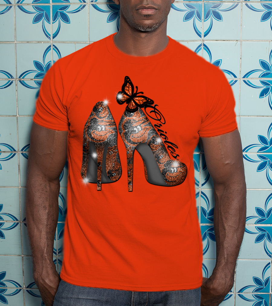 Baltimore Orioles High Heels With Butterfly Sparkle T-Shirt