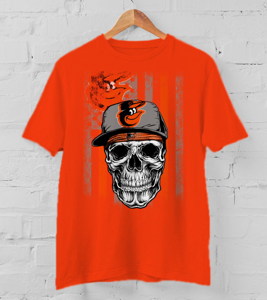 Baltimore Orioles Skull With Cap On Orange T-Shirt