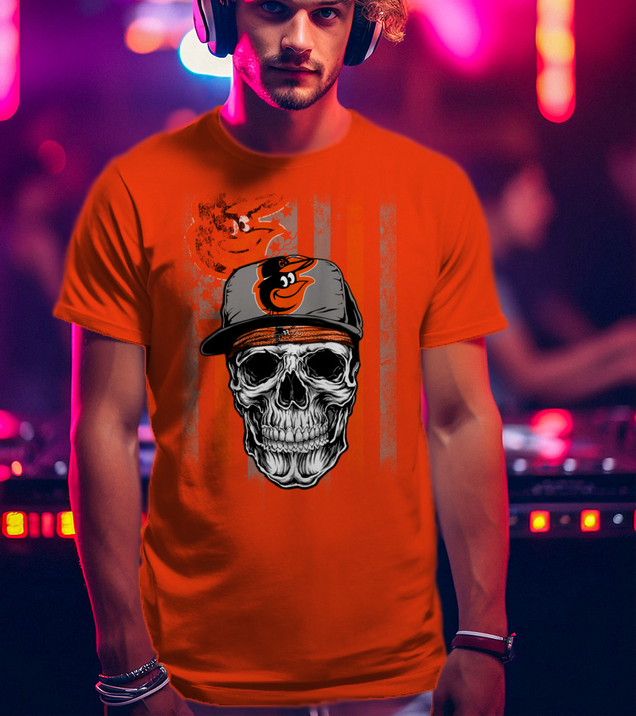 Baltimore Orioles Skull With Cap On Orange T-Shirt