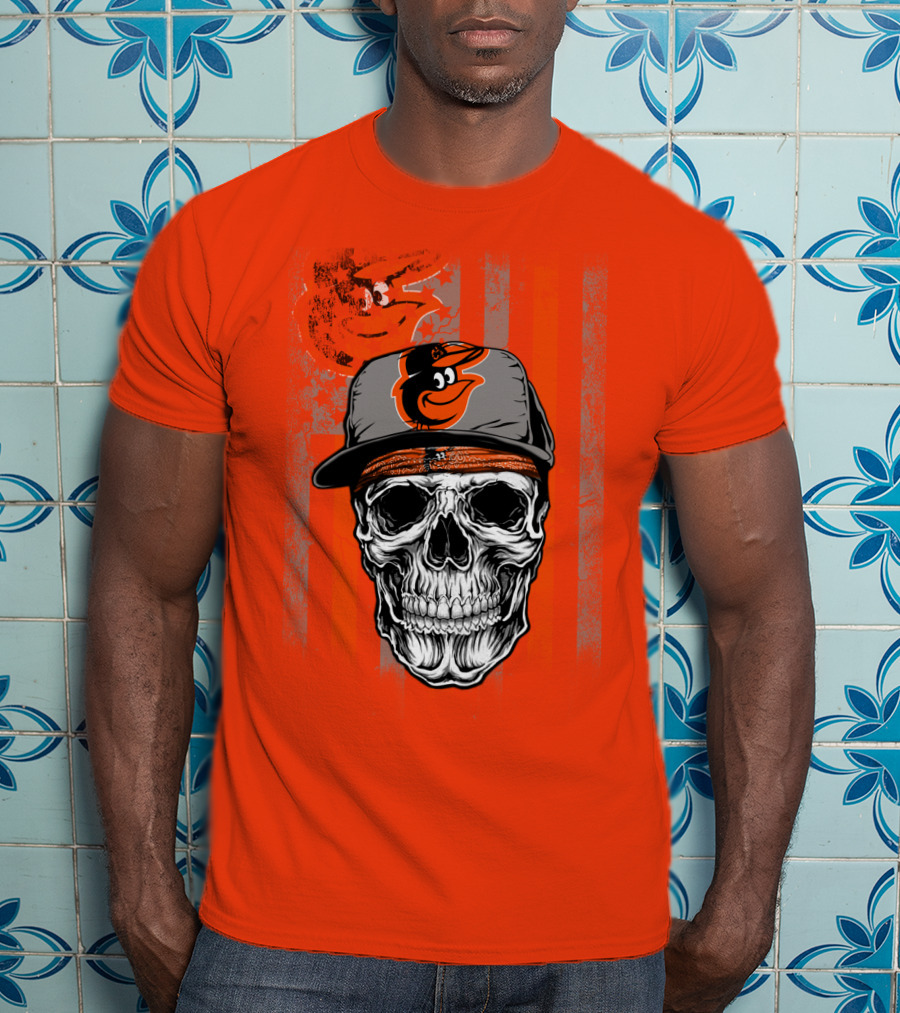 Baltimore Orioles Skull With Cap On Orange T-Shirt