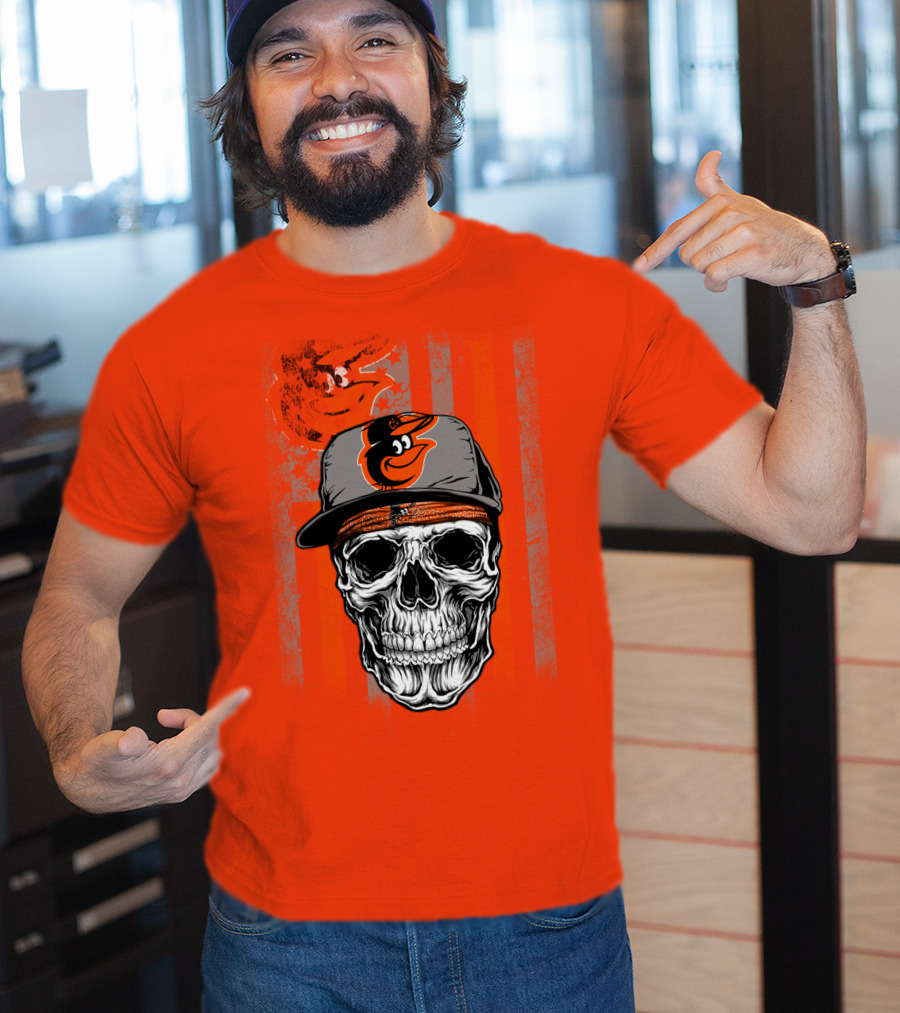 Baltimore Orioles Skull With Cap On Orange T-Shirt