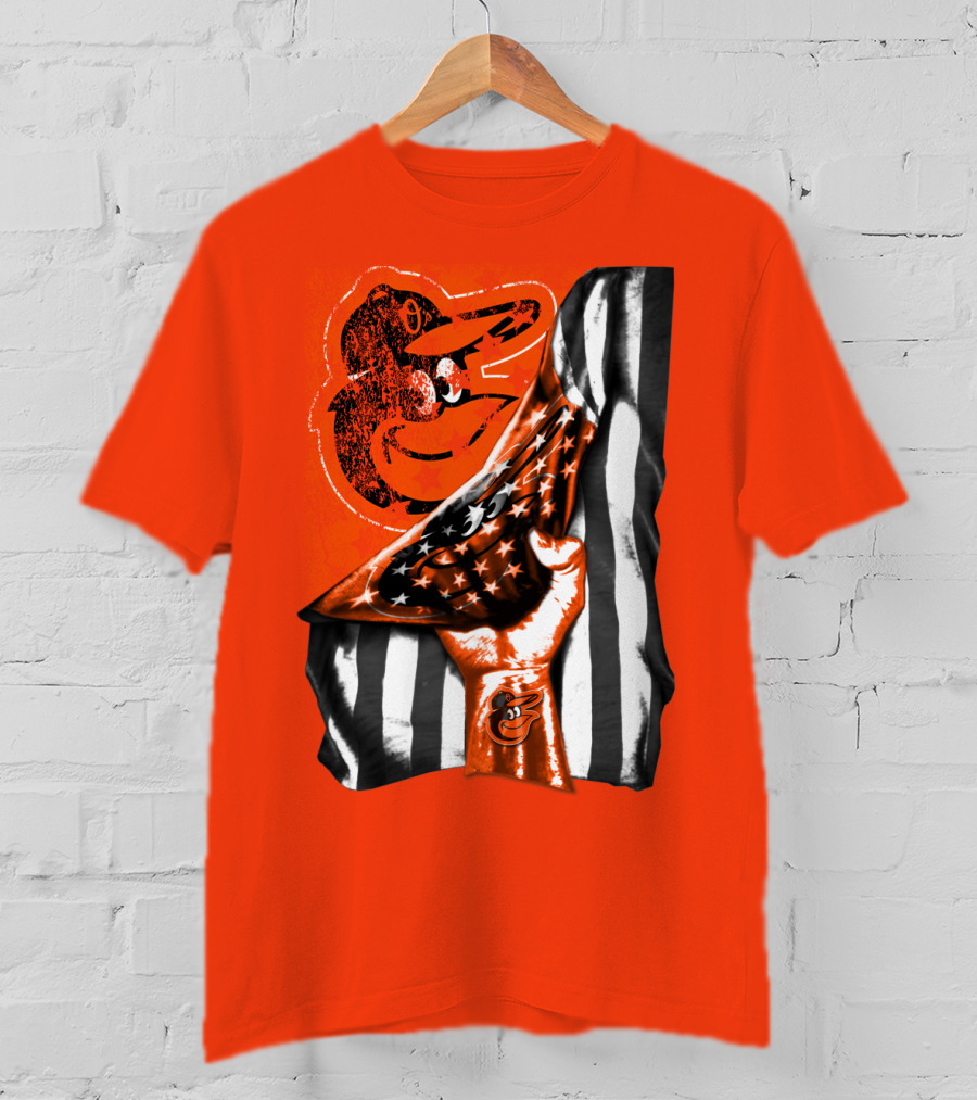 Baltimore Orioles American Flag Fist Logo On Orange T-Shirt