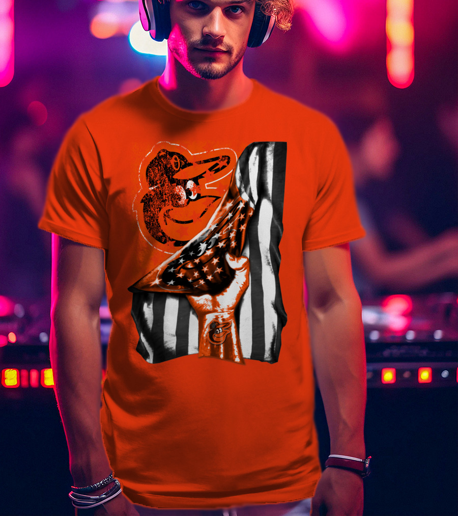 Baltimore Orioles American Flag Fist Logo On Orange T-Shirt