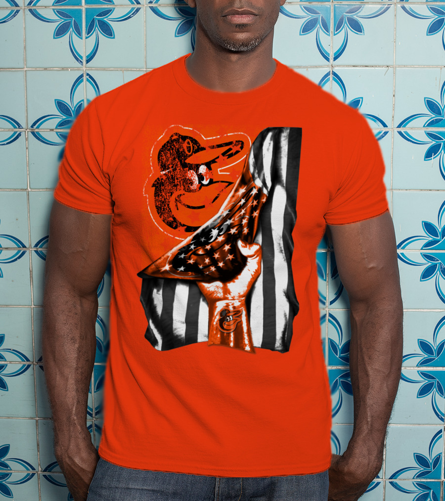 Baltimore Orioles American Flag Fist Logo On Orange T-Shirt