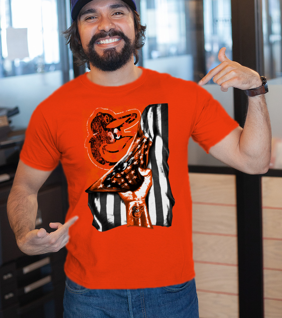 Baltimore Orioles American Flag Fist Logo On Orange T-Shirt