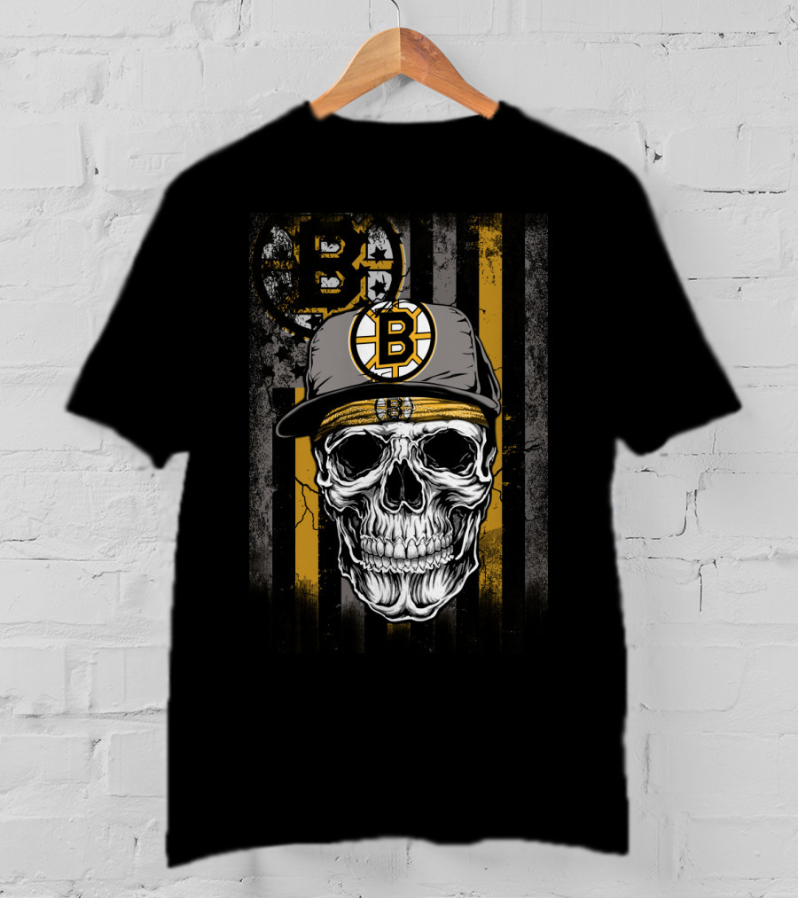 Boston Bruins Skull With Hat And Stripes T-Shirt