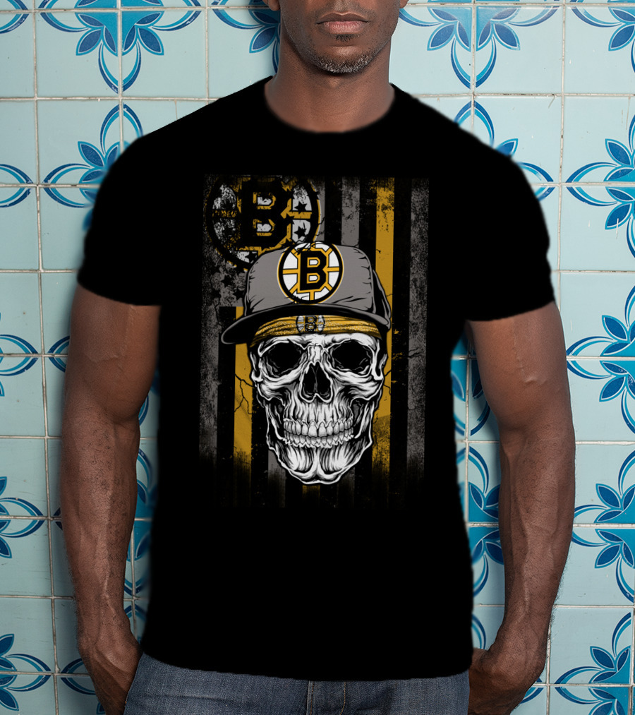 Boston Bruins Skull With Hat And Stripes T-Shirt