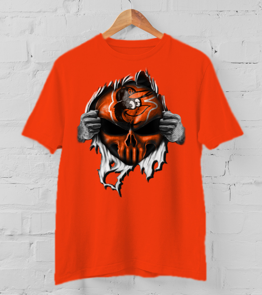 Baltimore Orioles Skull Logo Halloween Rip Effect T-Shirt