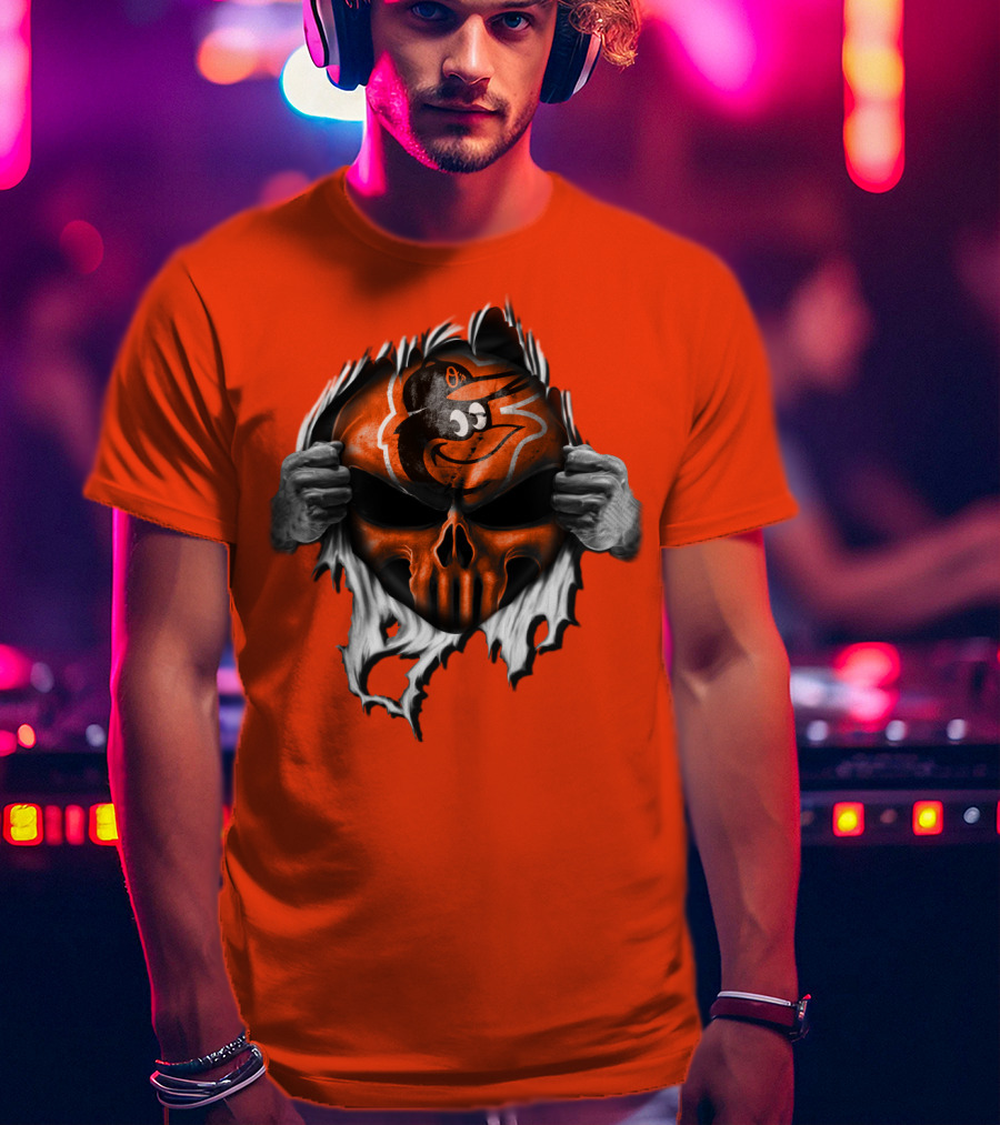 Baltimore Orioles Skull Logo Halloween Rip Effect T-Shirt