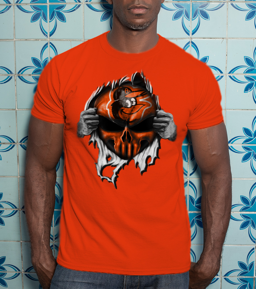 Baltimore Orioles Skull Logo Halloween Rip Effect T-Shirt