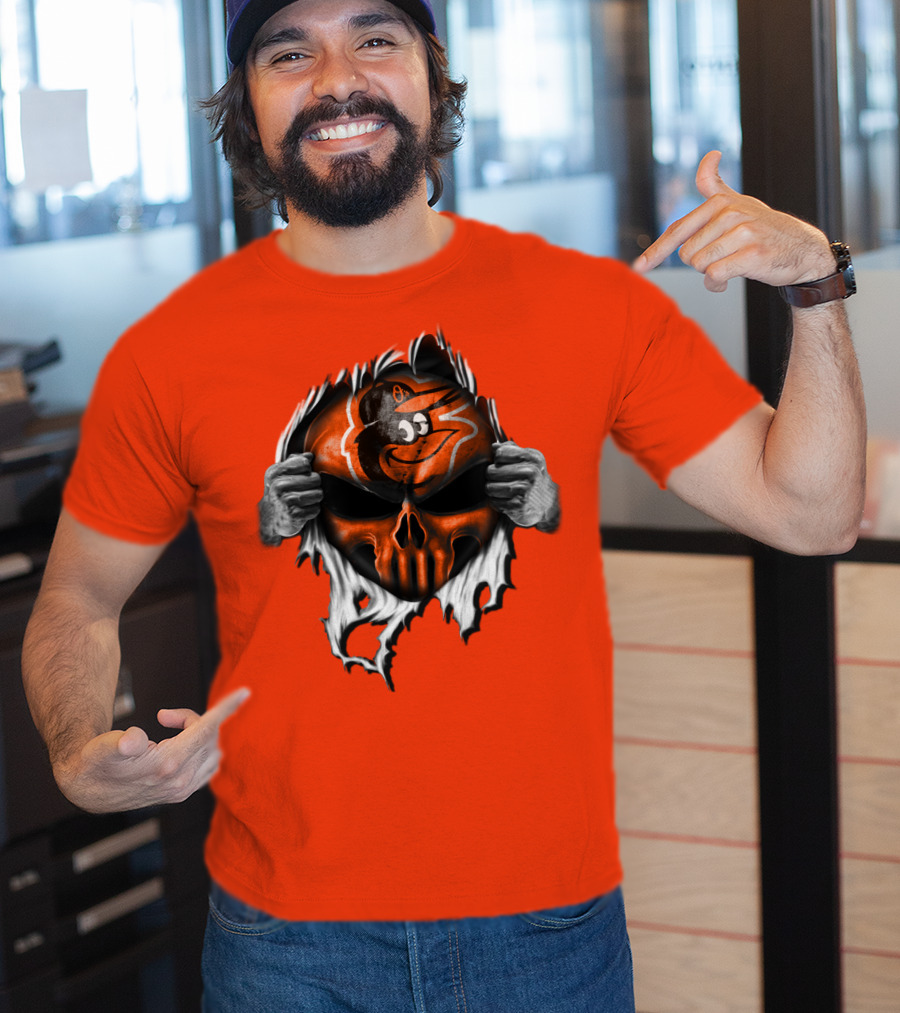 Baltimore Orioles Skull Logo Halloween Rip Effect T-Shirt