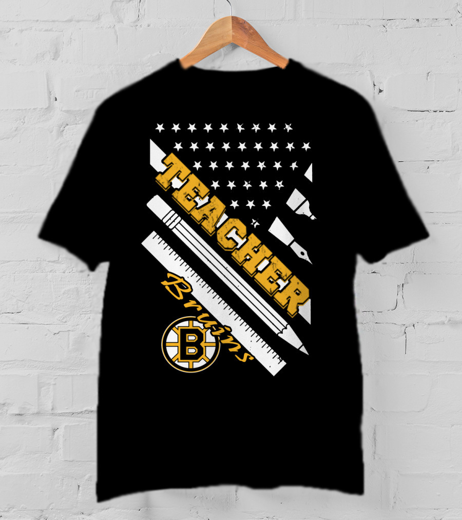 Boston Bruins Teacher American Flag Ruler Pencil Pen Stars T-Shirt