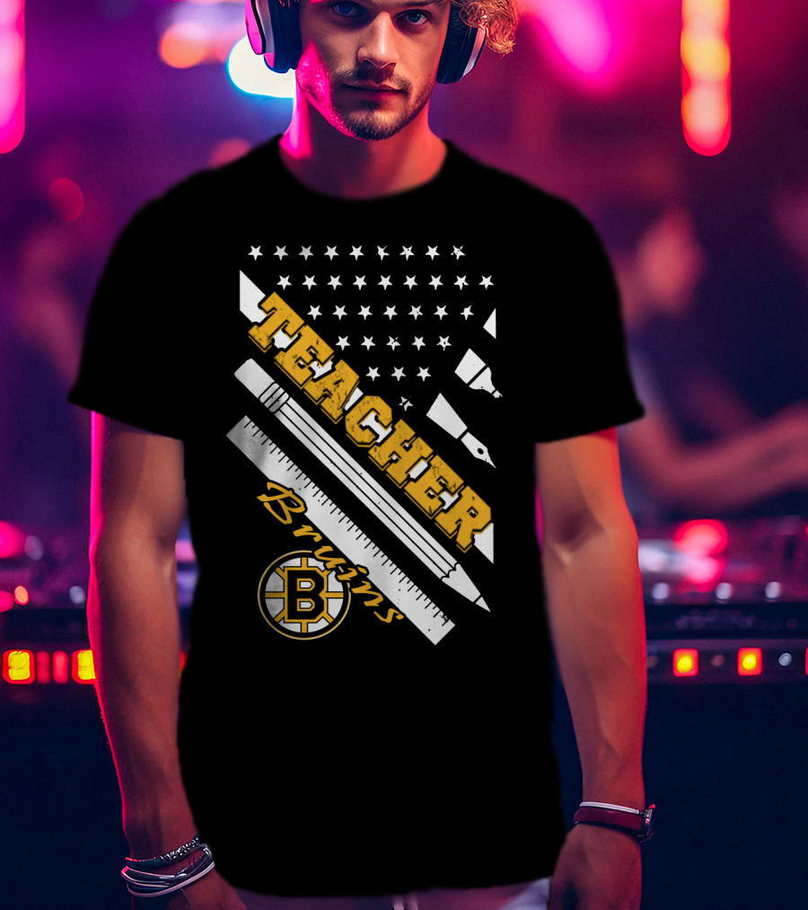 Boston Bruins Teacher American Flag Ruler Pencil Pen Stars T-Shirt
