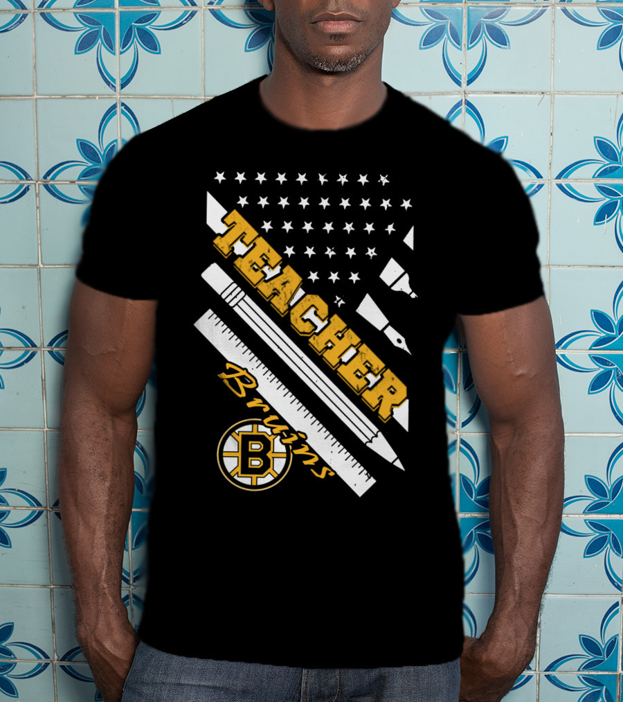 Boston Bruins Teacher American Flag Ruler Pencil Pen Stars T-Shirt