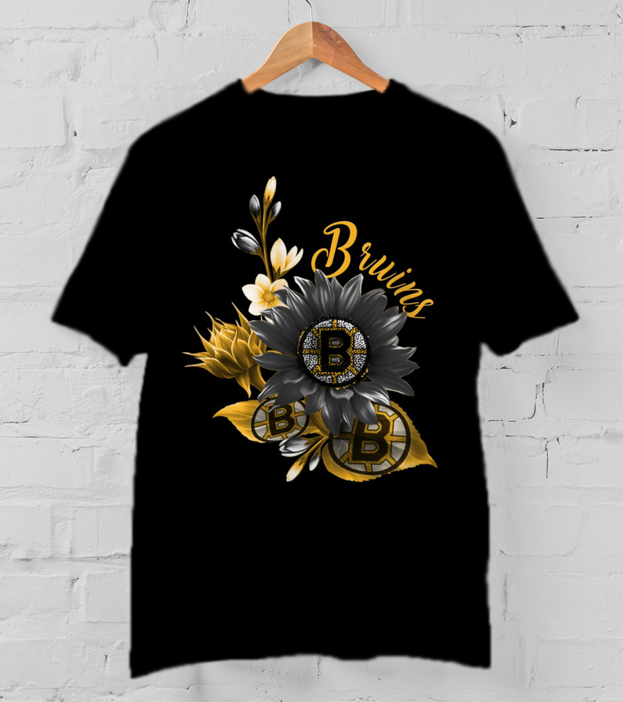 Boston Bruins Floral Logo Design With Yellow Flowers And Black T-Shirt