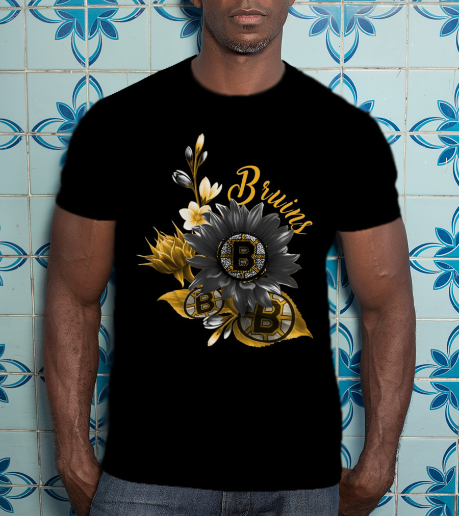 Boston Bruins Floral Logo Design With Yellow Flowers And Black T-Shirt