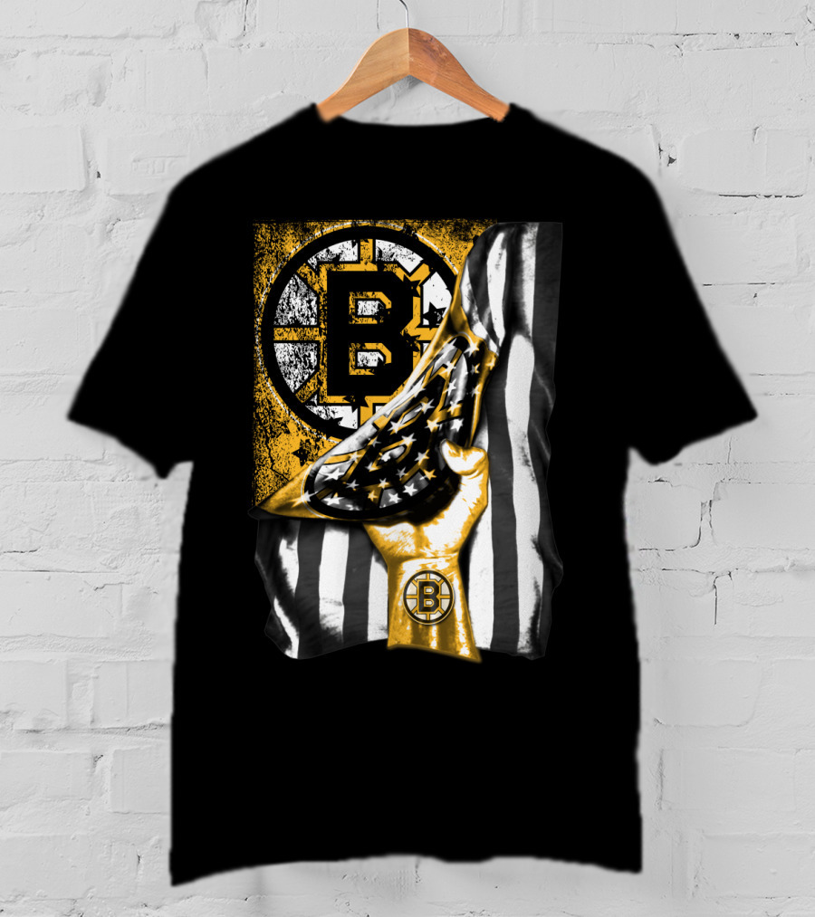 Boston Bruins American Flag Hand Emblem Black And Gold Burst T-Shirt